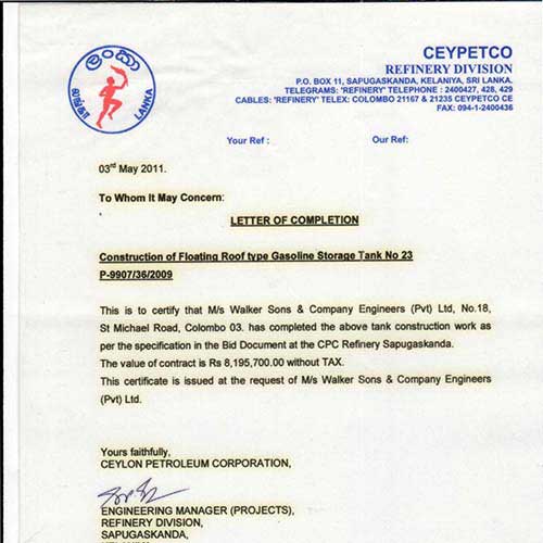 Ceylon Petroleum Corporation Certification