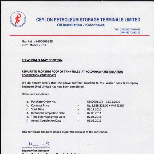 Ceylon Petroleum Storage Terminals Limited Certification