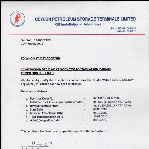 Ceylon Petroleum Storage Terminals Limited Certification