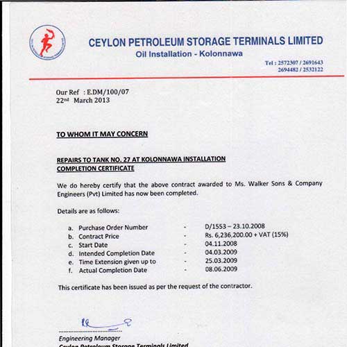 Ceylon Petroleum Storage Terminals Limited Certification