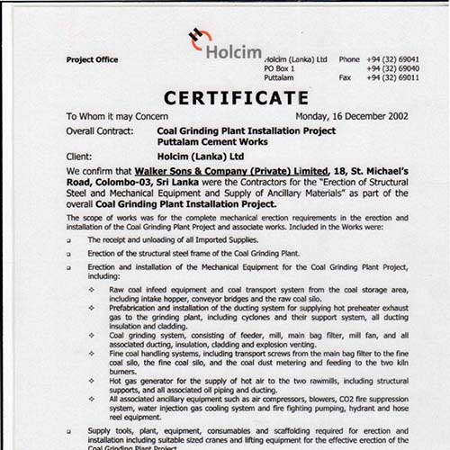 Holcim Lanka Ltd Certification