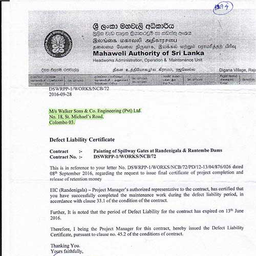 Mahaweli Authority of Sri Lanka Certification