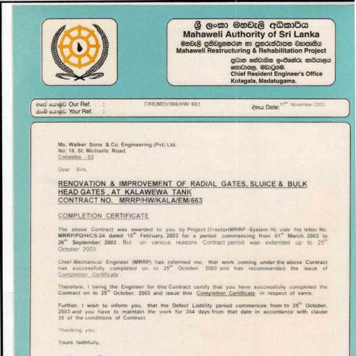 Mahaweli Authority of Sri Lanka Certification