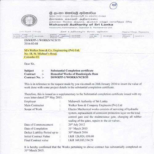 Mahaweli Authority of Sri Lanka Certification