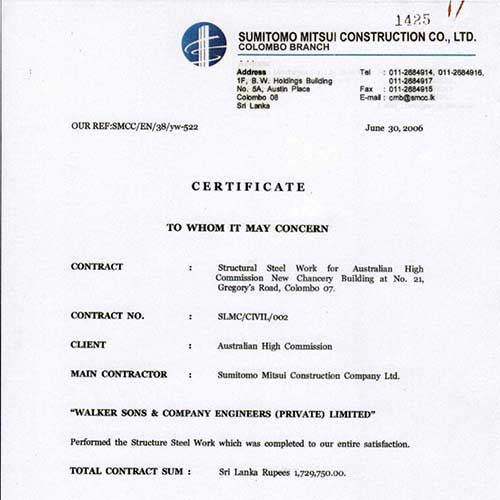 Sumitomo Mitsui Construction Co. Ltd. Certification